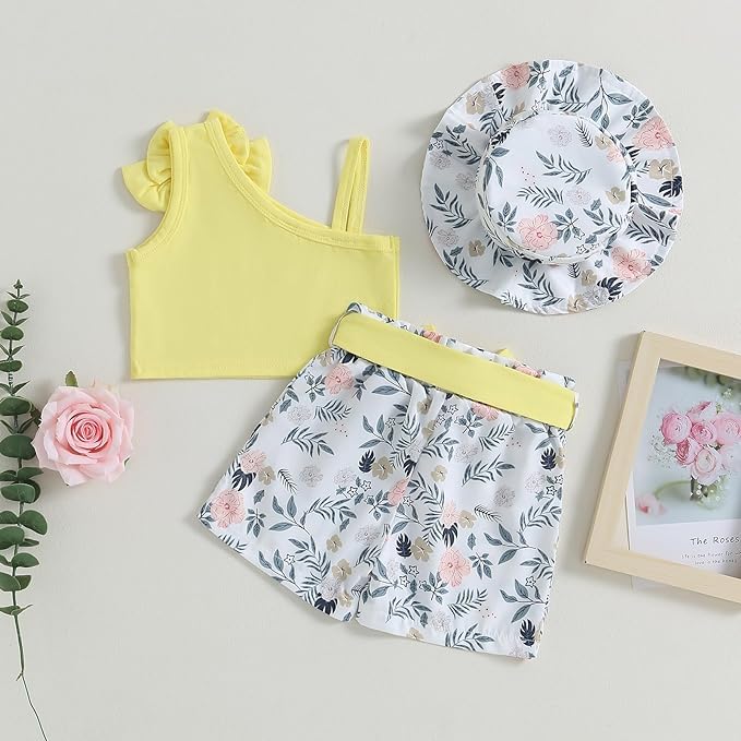 Image of Bold N Elegant Girls Cotton Sleeveless Modern Top and Floral Shorts with Belt and Hat Trendy Coords Set Baby Girl Party Dress Outfit