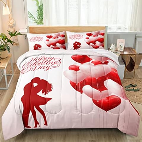 BDUCOK Balloon Bedding Sets Full Size,Valentines Day Bedding Sets for Boys Woman Adult Room Decor Romantic Valentine's Day Gift Couples Comforter Sets 3009 Full Size Cover