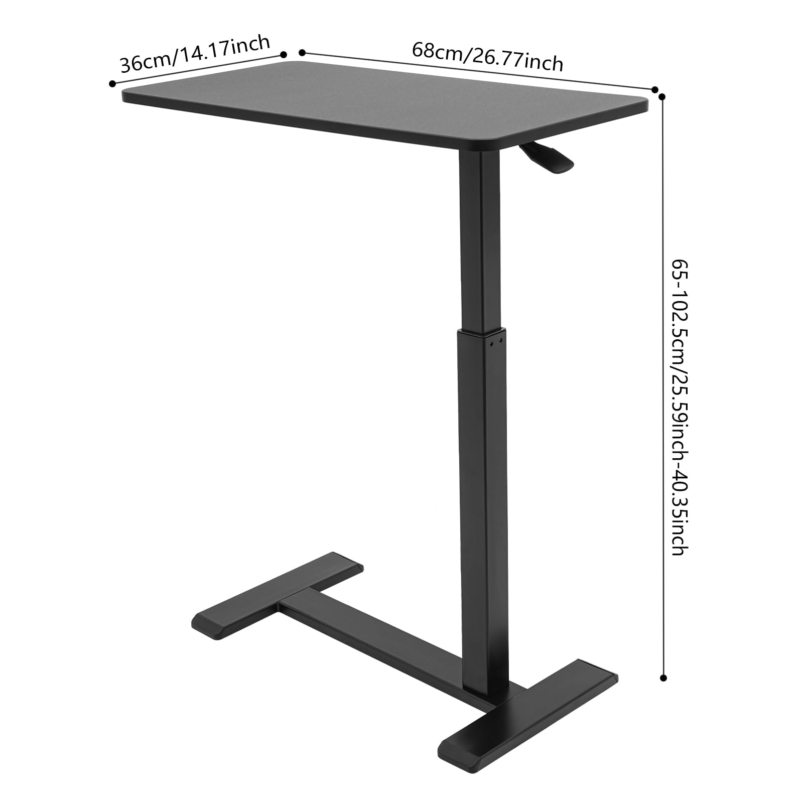 Comodino regolabile, scrivania pneumatica, portatile, regolabile in altezza, mobile con ruote, per ospedale, home office e uso domestico, 68 x 36 x 65 – 102 cm, nero