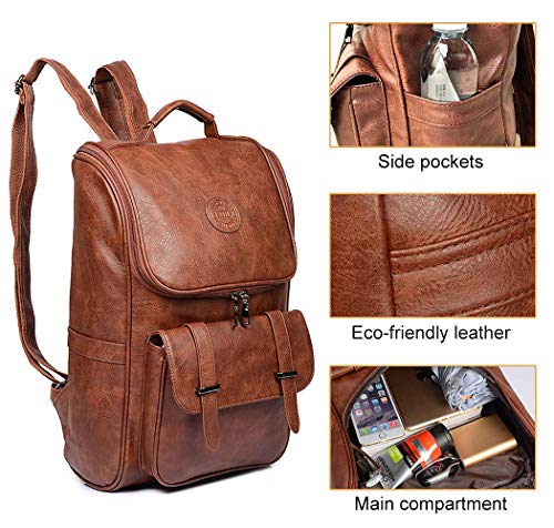QWARVEL Vegan Faux Leather Laptop Backpack for Men Women, Fashion Laptop Bag, Travel Waterproof Backpack, Brown3