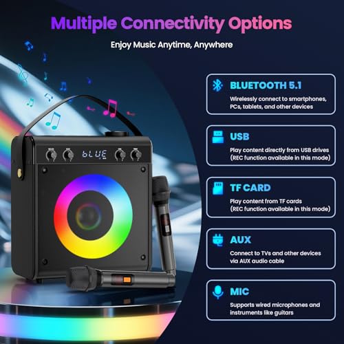 Portable Karaoke Machine with Bluetooth & 2 Wireless Mics for Home & Outdoor Parties