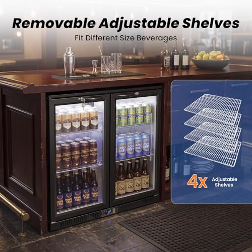 Image of 35.42 inch W Commercial Under Counter Beverage Refrigerator, 2 Glass Door Back Bar Cooler, Built-in /Freestanding 7.4Cuft Drink Fridge with LED Light, Auto Defrost, Low-E Glass & Safety Lock, Rebound door
