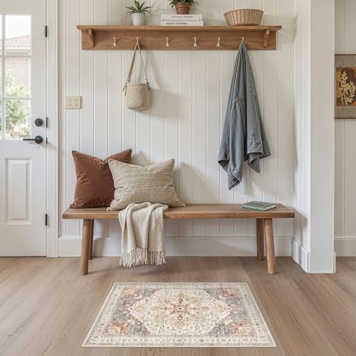 Tortania Area Rug 2x3 Doormat - Washable Vintage Oriental Farmhouse Soft Thin Indoor Carpet for Living Room Bedroom Hallway Entryway Kitchen - Orange Multi