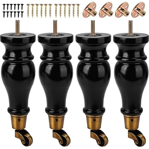 TCHOSUZ 9 inch / 22cm Wooden Furniture Legs with Casters Wheels, Pack of 4 Classic Black Solid Wood Round DIY Replacement Bun Feet for DIY Project Sofa Couch Cabinet Ottoman Bed Riser Cover
