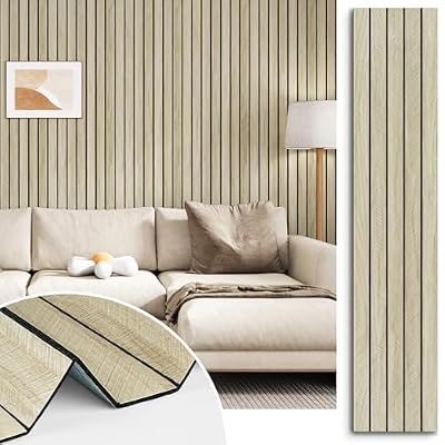 STICKEEP Beige Oak Peel and Stick Wood Panels 3D Textured Acoustic Wall Slats Panel for Wall Self Adhesive Soundproof Wooden Slatted Panel Wallpaper for Bedroom Home Decor Office Studio 11.8" x 118"