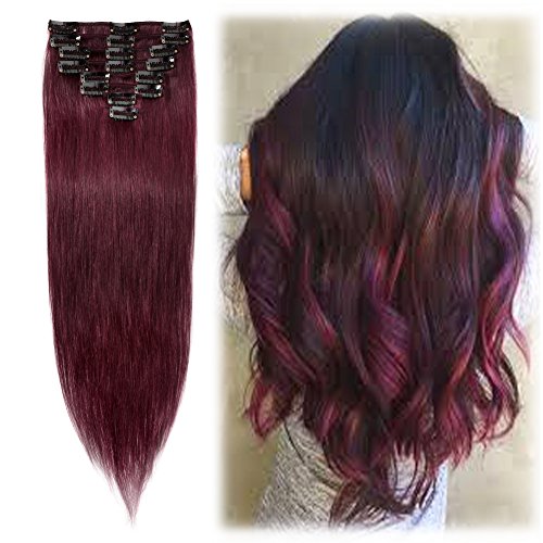 Benehair Human Hair Clip in Remy Hair Extensions Highlighted Wine Red 24 inch for Women Long Straight Hair Invisible Skin Weft Clip On 80g 8pcs Full Head Standard Weft #99J