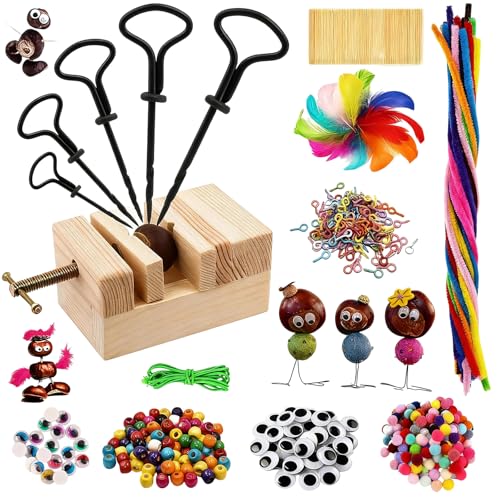 LIBAXIN 1.5-5 mm Kastanienbohrer Kinder Handbohrer mit Kastanienhalter 307 tlg Kastanien Bastelset Kinder Bastelset mit Zahnstocher basteln herbst Federn Wackelaugen Pompons Pfeifenreiniger