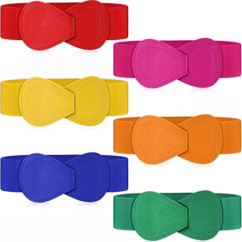 Wesiti 6 Pcs Stretch Belt for Women Dresses Wide Elastic Belt with Interlock Buckle, 6 Colors (Fresh Color, 8 Shaped)
