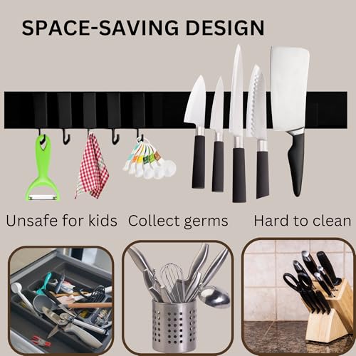IHS Heavy Duty Kitchen Magnetic Knife Holder for Wall No Drill- Strong Stainless Steel Knife Magnetic Strip with Additional Hooks-Multipurpose Magnetic Strip for Knives, Tools & Utensils (40 CM) - Image 5