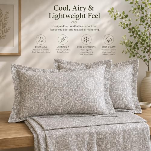 Image of Linen Home Cotton Percale Flat Bedsheet Set Queen Size Damask Brown