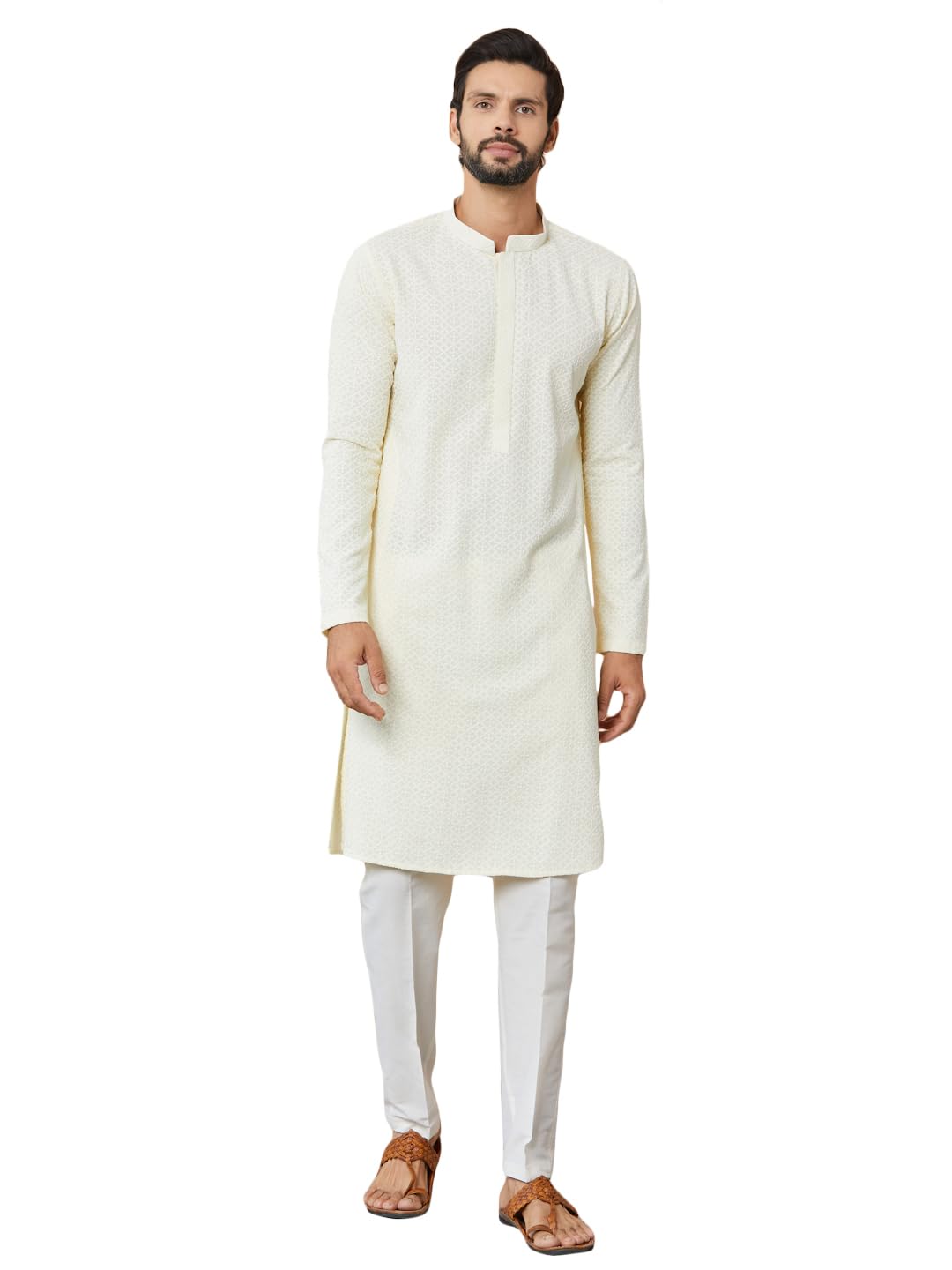 See Designs Men's Long Sleeve Mandarin Collar Side Slit Cream Embroidered Chikankari Rayon Straight Kurta - Sdkt2563Xl