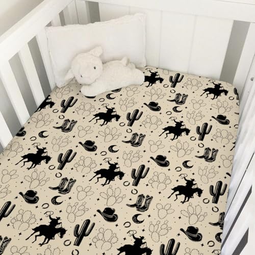 Image of Vintage Western Cowboy Baby Crib Sheets 52''x28'' Cowboy Horse Boots Hat Cactus Moon Snug Fitted Crib Mattress Cover for Boy Girl Wild Plants Soft Baby Bed Sheet for Standard Crib Toddler Mattress