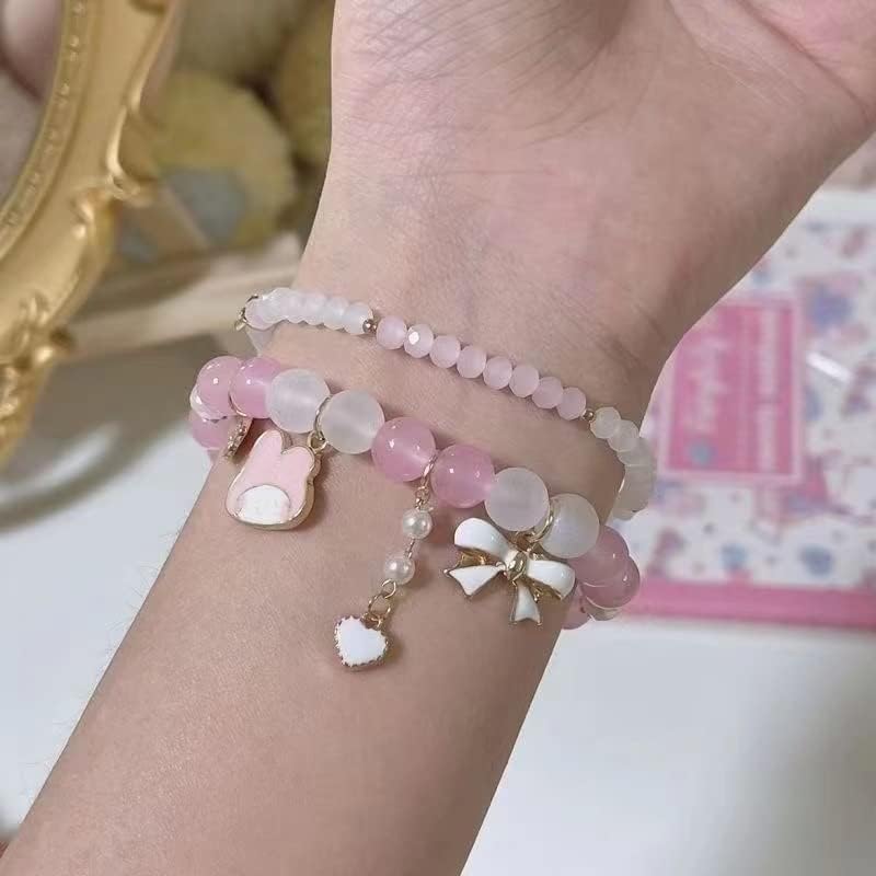 Image of Pingyongchang Elastic Cartoon Bracelets Crystal Beads Pearl Bracelets Cute Kawaii Adjustable Beaded Strand Bracelets for Women Girls Graduation Charm Bracelets Gift for Kids