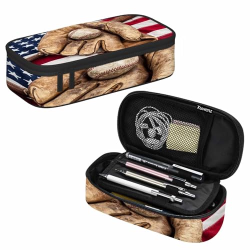 Image of Vintage Baseball Pencil Holder Bag American Flag Bat Glove Cowboy Pencil Case College Office Organizer School Supply for Boy Girl Teens Adults