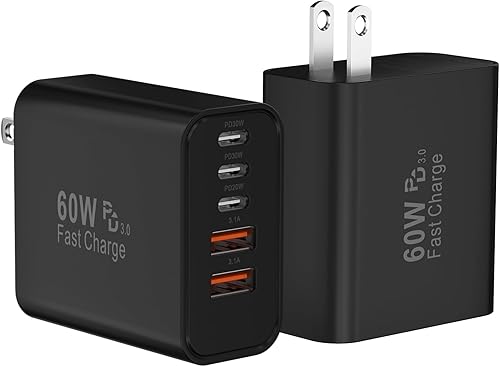 Miniatura 14 de Bloque de cargador de pared rápido USB C, paquete de 2 cubos de carga USBC de 60 W, adaptador de corriente PD+QC de 5 puertos ladrillo multipuerto