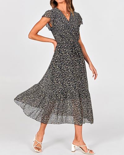 Image of BTFBM Women Summer Bohemian Floral Casual Wrap V Neck Ruffle Cap Sleeveless Belt A-Line Pleated Hem Midi Sun Dress White