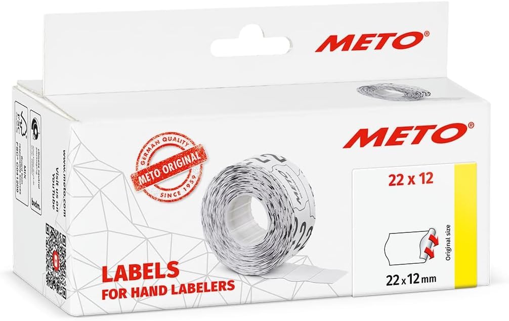 AVERY - Pince à étiqueter 1 ligne (8 caractères) + 1 rouleau encreur + 1 rouleau d'étiquettes, Noir & Meto Étiquettes pour étiqueteuse manuelle, réf. 9506155 (22 x 12 mm
