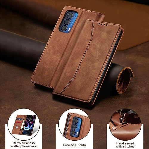 Image of Jasonyu Flip Wallet Case for Motorola Edge 5G UW /Moto Edge (2021),Leather Magnetic Folio Cover with Card Holder,Kickstand - TPU Shockproof Durable Protective Phone Case,Brown
