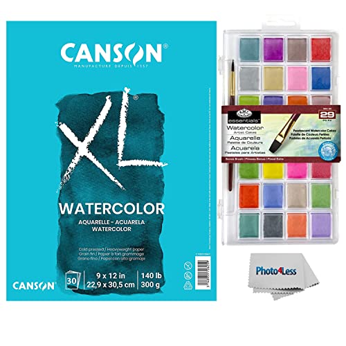 Canson XL Watercolor Pad 9"x12" 140lb 300g 30 Sheets + Watercolor Cakes Pearlescent 29/Pkg + Cleaning Cloth