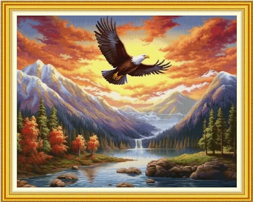 Image of Funxvoot Stamped Cross Stitch Kits Beginners Full Range of Embroidery Kits for Adults 11CT Embroidery Patterns Needlepoint Kits Printed Cross Stitch Kits-Eagle Mountain River 16x20 inch
