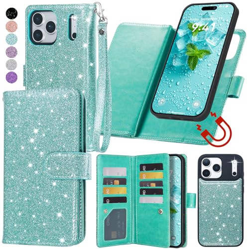 Varikke for iPhone 17 Pro Max Wallet Case Detachable with RFID Blocking Card Holder for Women, Glitter PU Leather Strap Magnetic Flip Removable Phone Case Cover for iPhone 17 Pro Max 6.9", Mint Green by Varikke - Used condition - US$21.32
