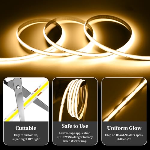 Image of iNextStation 16.4ft /5M 3000K Warm White COB LED Light Strip, DC12V CRI 93+ Light Strip for TV, 8mm Width LED Tape Lights, LED Strip Lights for Bedroom, Kitchen, Home Lighting Decor(No Plug)