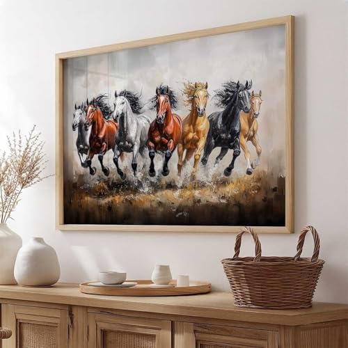 Image of HOTHOUSE Seven Running Vastu Lucky Horse Painting | 7 Horses Vastu Frame Wall Art Painting for Living Room Bedroom Office Home Decor Wall Decor Size (19X25 inch)