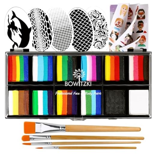 Bowitzki Professional Face Painting Kit for Kids Adults 12x10gm Face Paint Set with Stencil One Stroke Split Cakes Palette Non Toxic Rainbow Flora Dolphin Unicorn Flame Body Paint Makeup