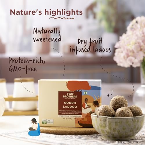 Image of Two Brothers Organic Farms Natural Gondh Laddoo (175 G)| No Sugar | Sweetened with Dates | Protein-Rich | Made with Desi Ghee | Immunity Booster | 100% Natural Snack