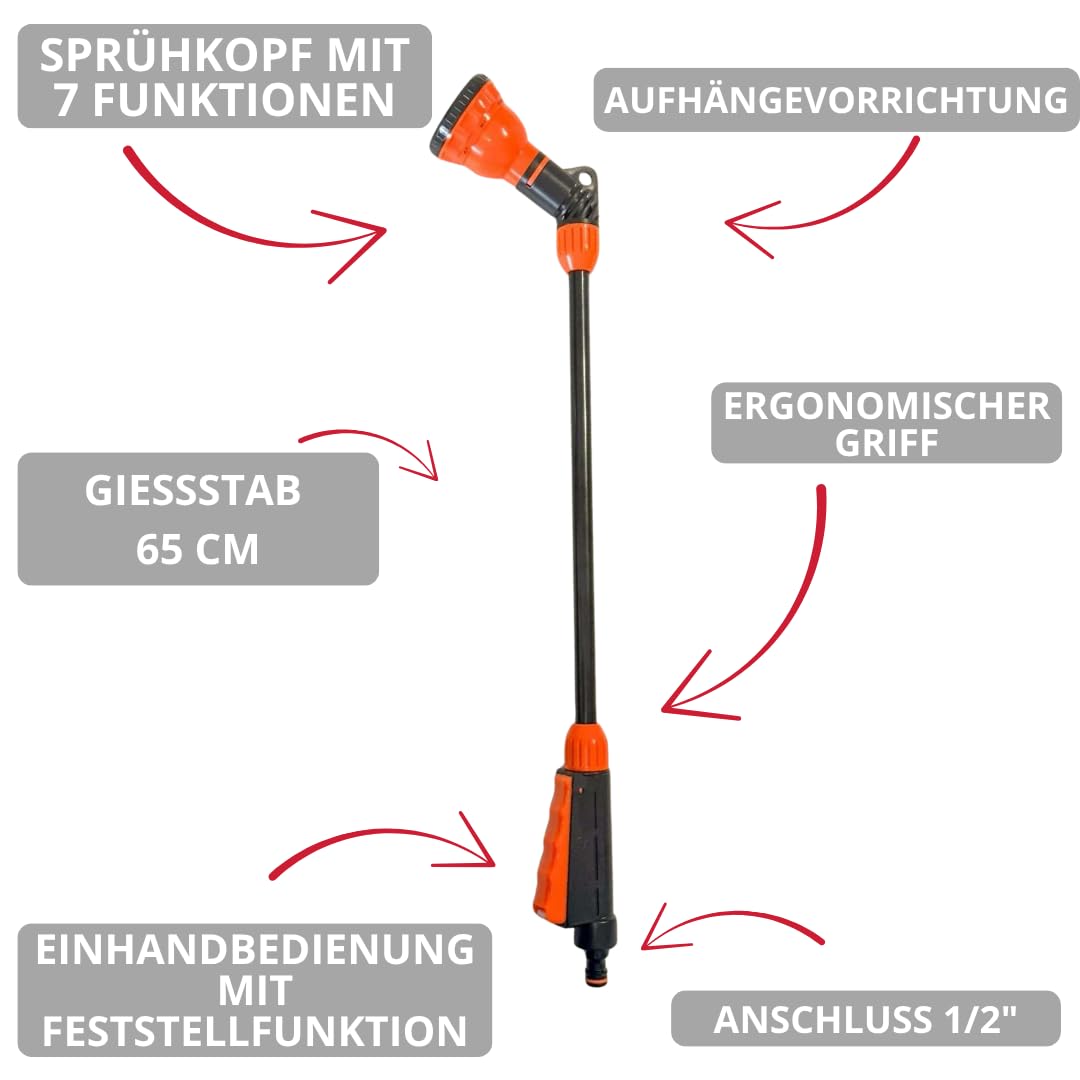 Gießstab 65cm mit 7 Funktionen Sprühbilder & QUICK STOP - Gartenbrause Zauberstab für Garten - Blumenampel - Bewässerung - Reinigung