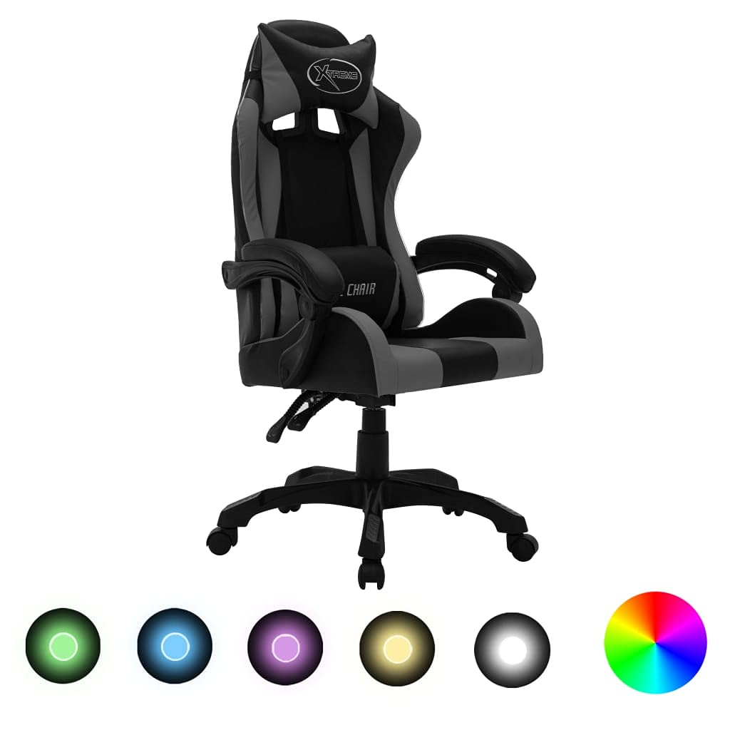 vidaXL - Silla de gaming con luces LED RGB gris y negra de piel sintética