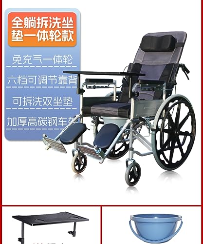 車椅子折りたたみライト高齢者トイレ付き多機能専用高齢者小型障害者手押しスクーター (フルリクライニング 取り外し可能で洗えるダブルパッド + 耐摩耗性一体型ホイール + 蓋付きトイレ + ダイニングテーブル)