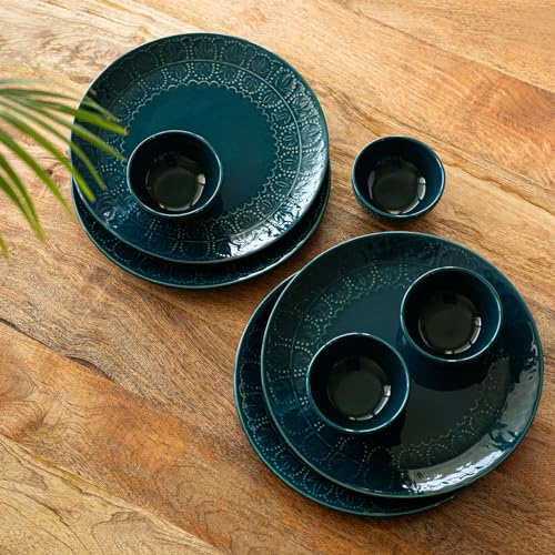 Image of ExclusiveLane 'Teal Forest' Hand-Glazed Ceramic Dinner Set Ceramic (8 Pieces, Serving for 4, Microwave Safe)|Dinnerware Set Dinner Plates for Dinner Plates and Bowls Set Plate for Dinner