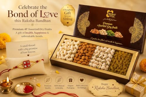 Image of Browntree Dry Fruits Rakhi Gift Hamper Premium 4P- 150g |Rakhi Hamper for Brother| Almonds, Cashewnuts, Salted Pista, Raisins with Rakhi Band| Festive & Corporate Gifting Box | Ideal Gift Box for all celebration