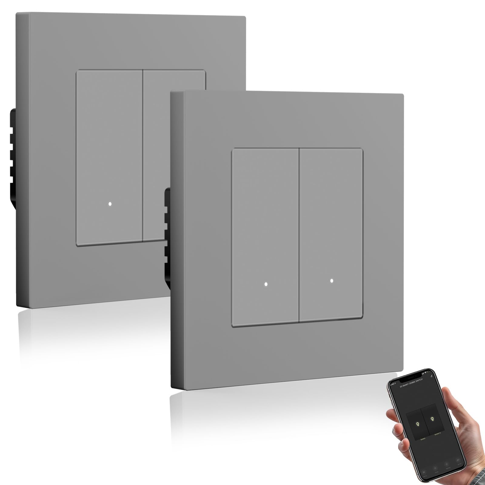 BSEED Smart Interruptor Empotrado 2 Gang 2 Vías 2 Pack Compatible con Alexa/Google Home,WiFi Pulsador de Pared Marco de PC que Funcionan con APP Smart Life/Tuya,Gris(Requiere Cable Neutro)