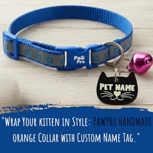 Image of PAWPRO HANDMADE Reflective Cat Collar with Custom ID Tag - Adjustable Collar with Bell for Cats & Small Dogs - Personalized Name Tag (Ocean Pup)