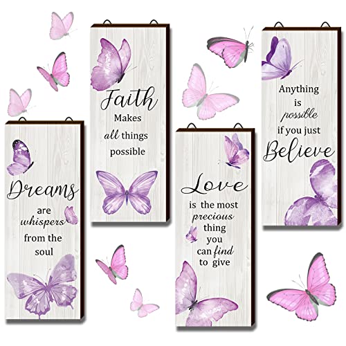 Image of Geelin 4 Pcs Butterfly Wall Decor Butterfly Bathroom Decor Dreams Faith Love Believe Wall Decoration Elegant Hanging Inspirational Rustic Art Accessories(10 x 4 Inch,Purple)