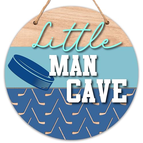 Image of Little Man Cave Sign for Boys, Baby Boy Nursery Decor, Toddler Kids Room Hockey Door Hanger, 10x10 Inch Wooden Round Wall Door Sign-D03