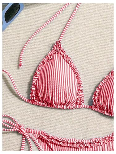 OYOANGLE Women's 2 Piece Bikini Set Striped Frilly Trim Halter Swimsuit Backless Tie Side Bathing Suits4
