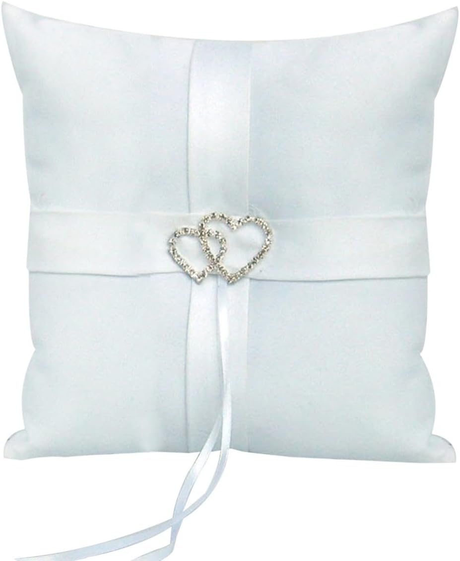 Double Heart Ring Bearer Pillow White Satin Sparkling 10cm