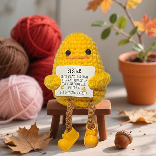 Image of Positive Crochet Long Feet Emotional Support Duck - Handmade Crochet Companion for Anxiety Relief, Calming Gift for Mom Daughter Sister, Stress Relief Comfort Animal (Sister)