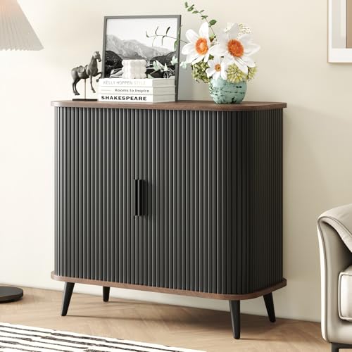 Svimi Accent Cabinet with Sliding Doors - Black Sideboard Buffet Cabinet with Storage for Coffee Bar, Console Table - MCM Design Bar Cabinets for Modern Home Décor