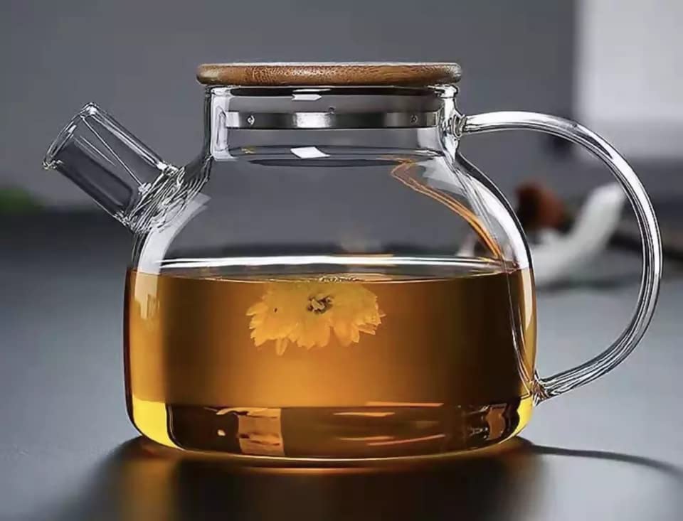 Image of Glass Teapot with Bamboo Lid Stovetop & Microwave Safe Kettle, Borosilicate Teapot with Removable Filter Spout for Loose Leaf and Blooming Tea and Fruit Tea 1000ml (Wooden Lid Kettle)