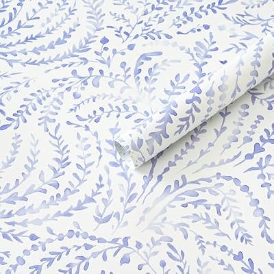 Ismoon Boho Peel and Stick Wallpaper Blue and White Contact Paper Leaf Botanical Stick on Wall Paper Farmhouse Removable Self Adhesive Vinyl Wallpaper for Bedroom Accent Wall Decor Hallway 17.3x78.7in