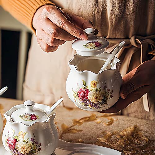 Ceramics Vintage Red Floral Sugar Bowl Saltbox Spice Jar Seasoning Box With Lid And Spoon 8Oz White #TOP5