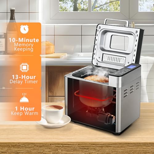 Image of EUHOMY Bread Maker Machine 2LB Bread Maker for 3 Loaf Sizes & 3 Crust Colors - Ideal for Family Gifts, Breadmaker with Stainless Steel and Fruit & Nut Dispenser, Gluten Free