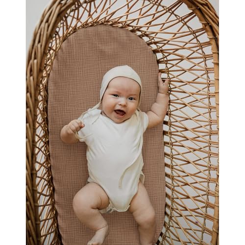Image of Baby Muslin Bassinet Sheets 3 Pack for Boys & Girls, Soft Breathable Cotton Bassinet Mattress Cover, Universal Fit for Hourglass, Oval, and Rectangle Mattress (Milky Coffee)