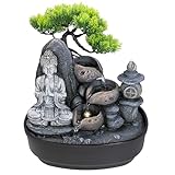 Lemodo Zimmerbrunnen LED Indoor 3-stufig Tischbrunnen Feng Shui Wasserfall mit Beleuchtung und Budda-Figur Kaskadenbrunnen Deko für Wohnzimmer Schlafzimmer Büro Luftbefeuchter Wellness 27x19x31 cm