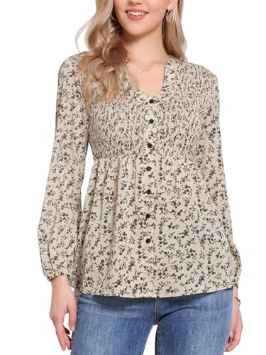 Allegra K Floral Blouse for Women 2025 V Neck Comfy Tee Long Sleeves Shirts Casual Smocked Tunic Tops