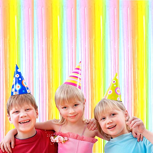 Image of 4 Pack Macaron Rainbow Foil Fringe Curtain Backdrop, 3.28Ftx8.2Ft Colorful Foil Fringe Streamers Curtains for Party, Photo Booth Props, Birthday, 2022 Graduation Decoration Supplies